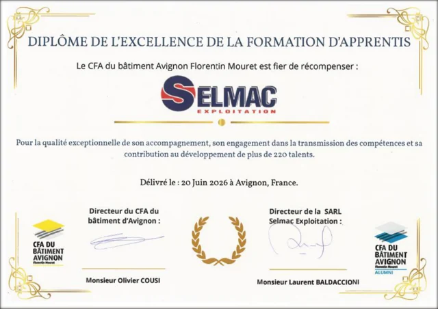 Diplôme d’excellence de la formation d’apprentis remis à SELMAC par le CFA Florentin Mouret le 20 juin 2026.